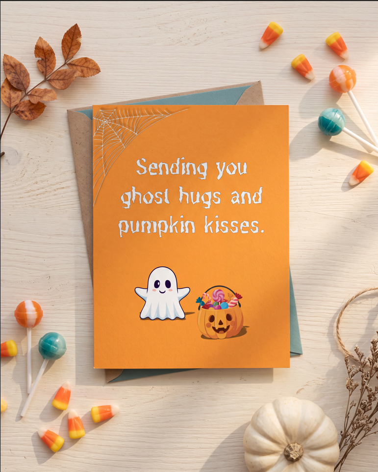 Halloween Greeting Card — “Sending You Ghost Hugs and Pumpkin Kisses”